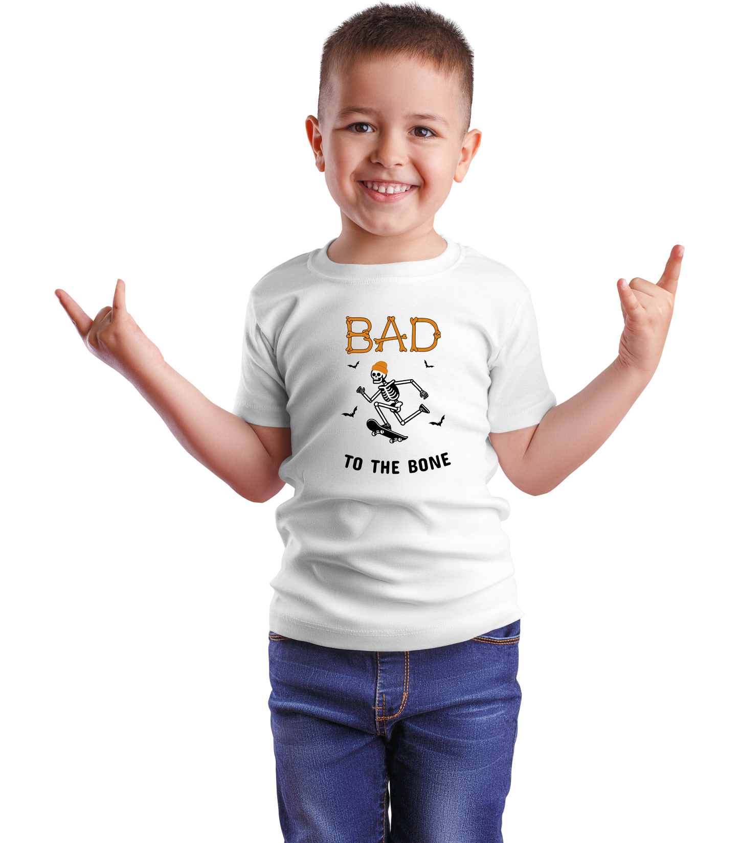 "Bad to the Bones" Kids T- Shirt, Skateboarding Skeleton, Halloween Shirt